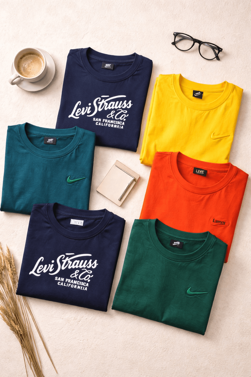 हल्की सतह पर रखे रंगीन टी-शर्ट, कॉफी कप, चश्मा और गेहूं की सूखी बालियां।